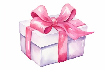 Fototapeta premium White Gift Box with Pink Ribbon - Watercolor Style