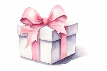 White Gift Box with Pink Ribbon - Watercolor Style