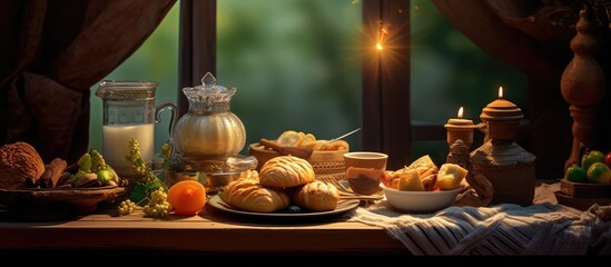 In Ramadan as part of Muslim culture a beautifully set table with a background of home is adorned with healthy and organic food including nutritious bread along with the aroma of coffee a be