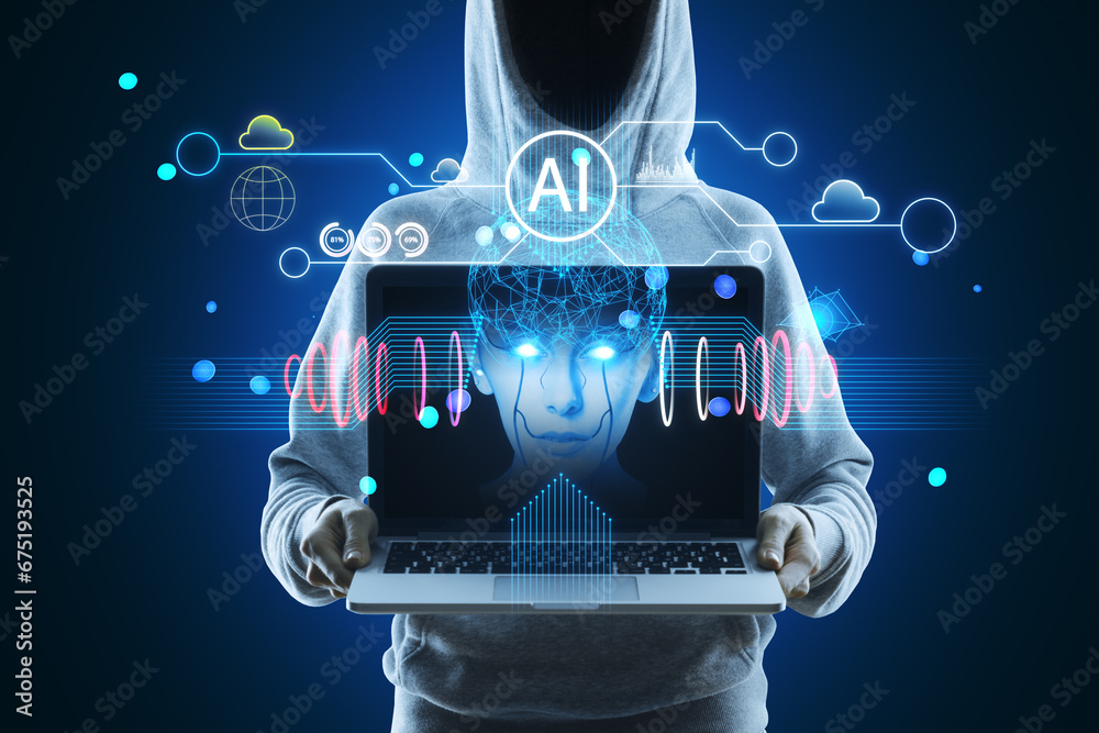 Poster hacker holding laptop with creative polygonal human head and icons hologram on blue background. arti