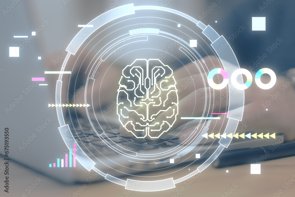 Poster Close up of man hands using laptop keyboard on desk with glowing round brain hologram on blurry background. Artificial intelligence, chat GPT, bot assistant and machine learning concept.
