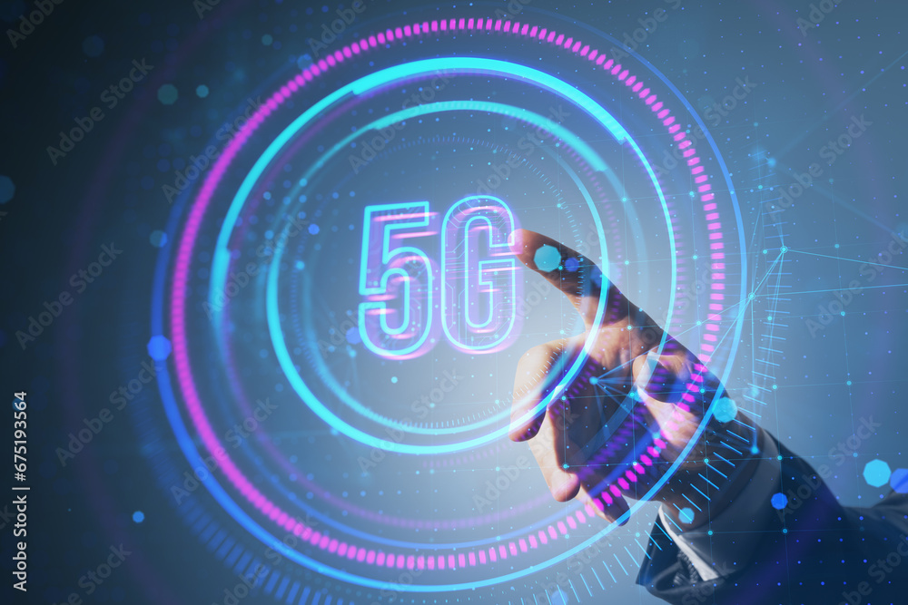 Poster close up of businessman hand pointing at glowing round 5g hologram on blurry background. telecommuni