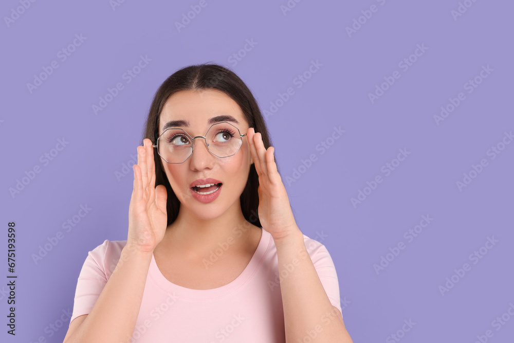 Sticker Beautiful woman wearing glasses on violet background, space for text