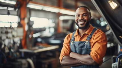 Fototapeta na wymiar Professional portrait, mechanic or man with arms crossed in engineer or garage workshop. Confident, male or smiling for car service repair and engineer and automobile industry