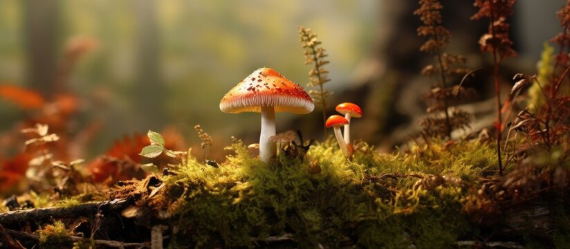 In the autumn forest the white mushroom blended with the green moss against a backdrop of red and gold leaves creating a natural and vibrant scene immersed in the beauty of nature