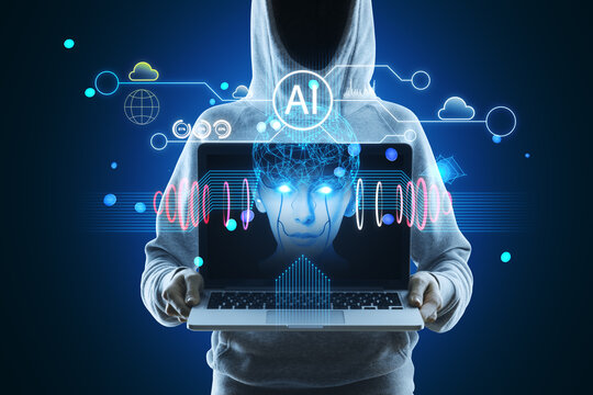 Hacker holding laptop with creative polygonal human head and icons hologram on blue background. Artificial intelligence, hacking, chat GPT, bot assistant and machine learning concept.