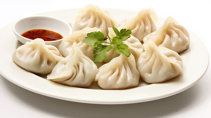 Freshly steamed momos with dip in plate
