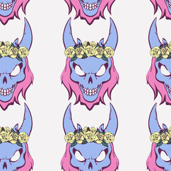 Female devil skull with horns, hair and wreath.