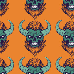 Bright seamless pattern with a devil skull with horns, hair and beard. Endless vector ornament in rock style.