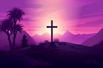 Purple landscape with sky and wooden cross. Lent season, Holy week, Palm Sunday, and Good Friday. Christian church period of penitential preparation for Easter. Generative AI - obrazy, fototapety, plakaty
