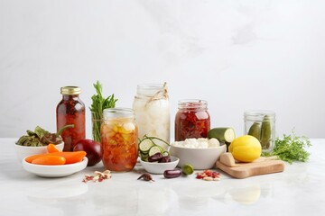 Nutritious fermented foods, beverages, and ingredients on a white marble surface. Generative AI