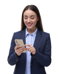 Happy woman sending message via smartphone on white background