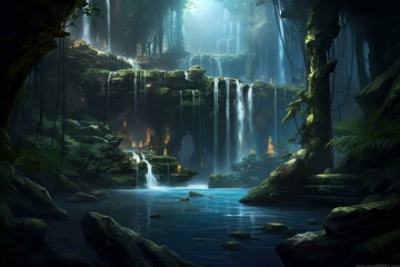 image depicting stunning mystical river setting featuring cascading waterfalls. Generative AI