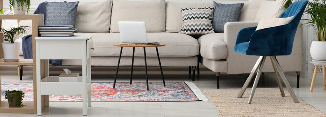 Stylish living room with beautiful carpet and modern furniture. Banner design