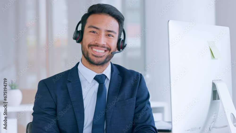 Aufkleber Portrait of a salesman consulting and operating a helpdesk for customer sales and service support. Male call centre agent with a headset and computer, smiling and laughing while working in an office
