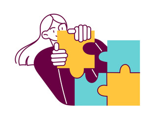 Woman puts the pieces of the puzzle together