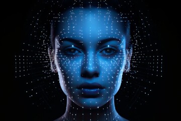 Female face with dots and lines, hologram, close-up. The concept of artificial intelligence AI with a human face. Human Robot.