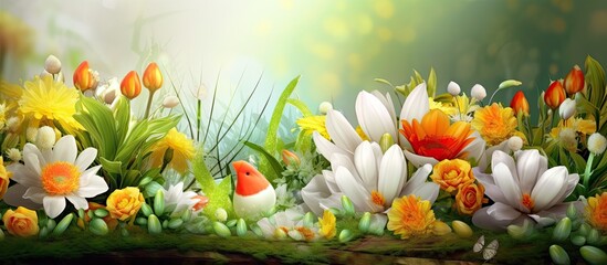 During Easter in the lush green garden colorful flowers bloomed creating a picturesque nature scene that served as the perfect background for the joyous celebration a white floral card was 