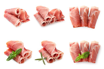 Delicious sliced jamon isolated on white, set