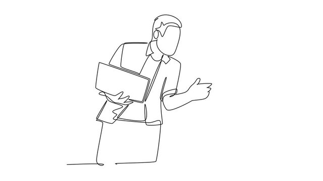 Animated self drawing of continuous line draw two smart young male and female workers watching stock movements on laptop together at the office. Stockbroker concept. Full length single line animation
