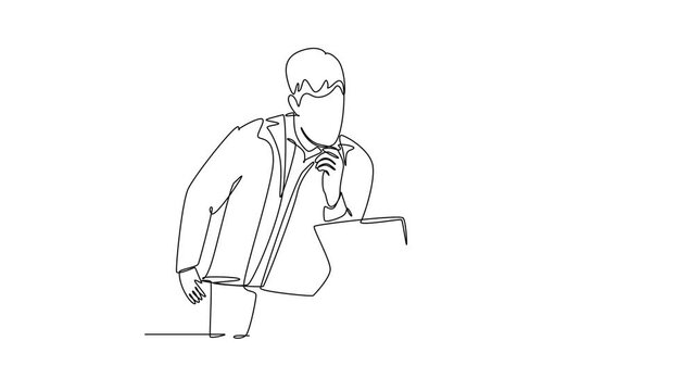 Self drawing animation of single line draw young happy male and female marketing manager discussing sales progress on tablet phone. Online business report. Continuous line draw. Full length animated