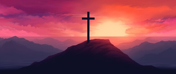 Cross in the mountains at sunset