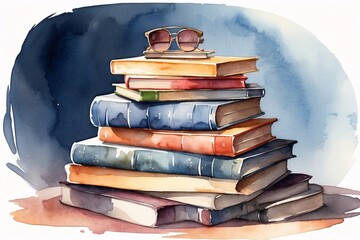 World book day concept. Watercolor Illustration with stack of books. Generative Ai.