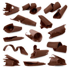 Many chocolate curls isolated on white, collection