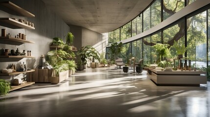 Interior of a modern office building with large windows and a lot of plants