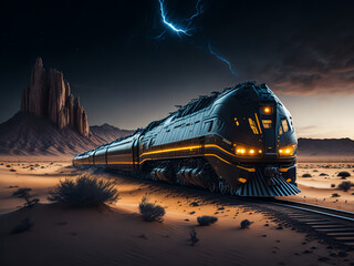 Fototapeta na wymiar The train rushes through the desert. Fantastic view. AI 