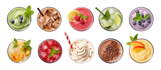 cool drinks set ; smoothie, juice, sparkling water with fresh and beautiful fruits decorated glass top view on white background.