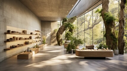 Obraz premium Interior of a modern office building with large windows and a lot of plants