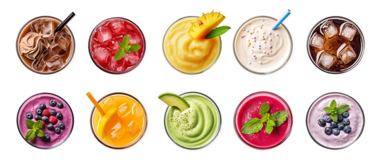cool drinks set ; smoothie, juice, sparkling water with fresh and beautiful fruits decorated glass top view on white background. - obrazy, fototapety, plakaty