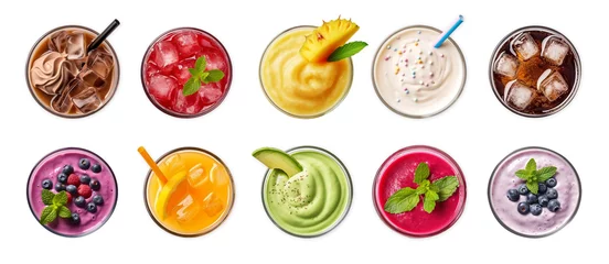 Zelfklevend Fotobehang cool drinks set   smoothie, juice, sparkling water with fresh and beautiful fruits decorated glass top view on white background. © IMAGINIST : Food
