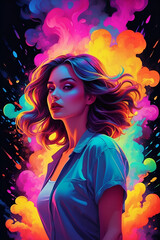 Vector illustration of beautiful woman with long hair and colorful abstract background.