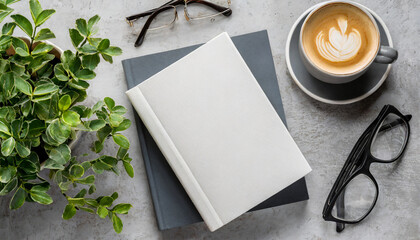 Naklejka na ściany i meble Mock up of blank book cover with coffee, plant and reading glasses