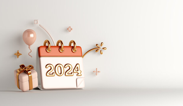 Happy New Year 2024 with calendar, balloon, gift box, 3D rendering illustration.