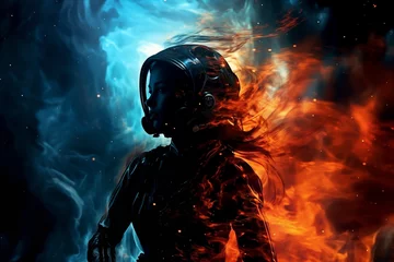 Fotobehang portrait of a woman astronaut in outer space, dressed in a spacesuit, with fire on her back, against the background of a light stream © soleg