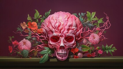 Stylised illustration of human skull and brain surrounded by colorful foliage on a black background