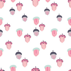 Seamless pattern with stylized acorns isolated on a white background. Print for wrapping paper, children's clothes, kitchen towels and tablecloths. Vector illustration
