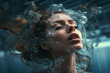 portrait of a woman underwater, she's breathing