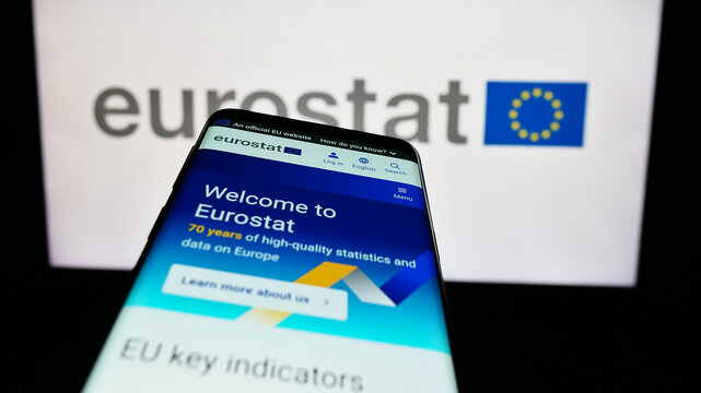 Stuttgart, Germany - 11-02-2023: Mobile phone with website of EU institution European Statistical Office Eurostat in front of logo. Focus on top-left of phone display.