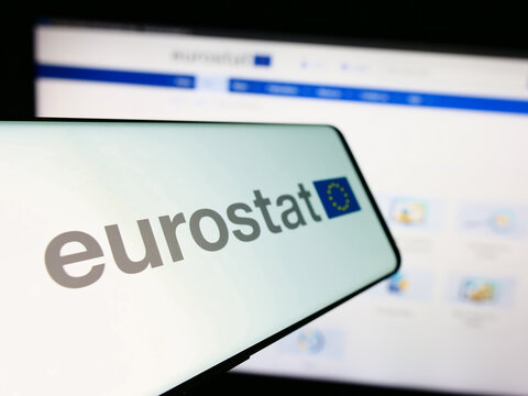 Stuttgart, Germany - 11-02-2023: Cellphone with logo of EU institution European Statistical Office Eurostat in front of business website. Focus on center-left of phone display.