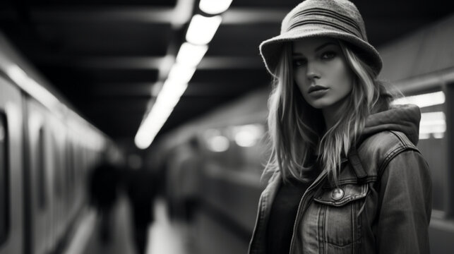 A girl standing in the subway, black and white street style photograph
