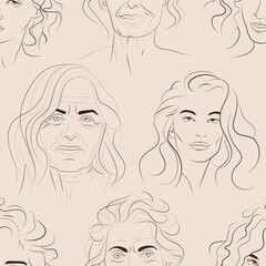 Vector seamless pattern with faces of young and mature women. Hand drawn background with people