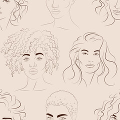 Vector seamless pattern with faces of young black and white women. Hand drawn background with people
