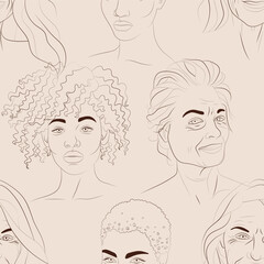 Vector seamless pattern with faces of young black and white mature women. Hand drawn background with people