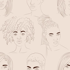 Vector seamless pattern with faces of young black women. Hand drawn background with people