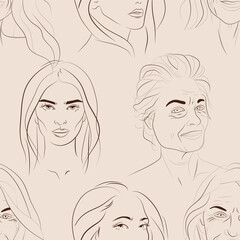 Vector seamless pattern with faces of young and mature women. Hand drawn background with people