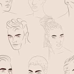 Vector seamless pattern with faces of young white men and young black women. Hand drawn background with people